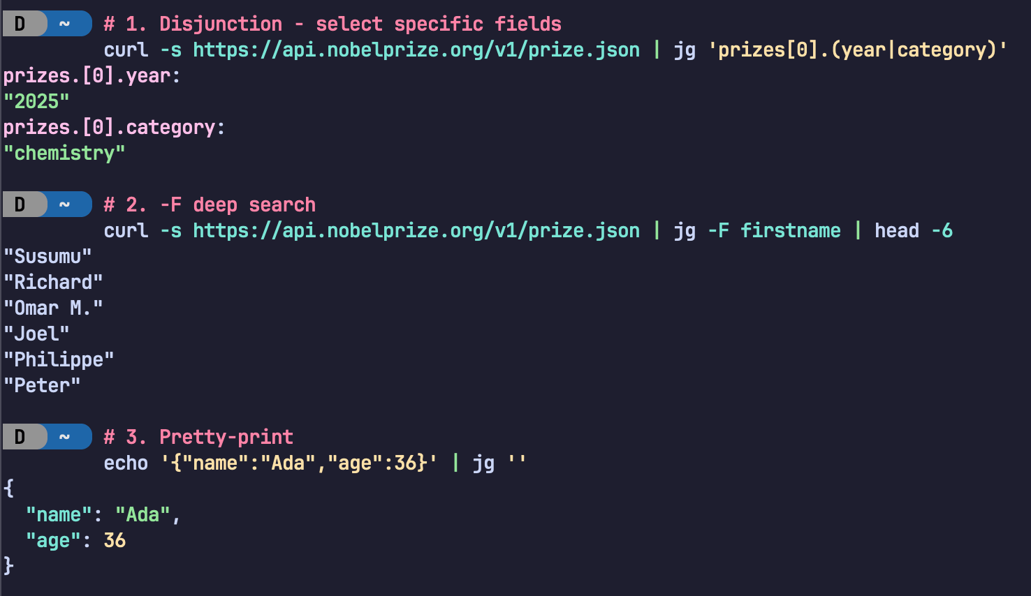 Example of some of jsongrep's search query features in practice.