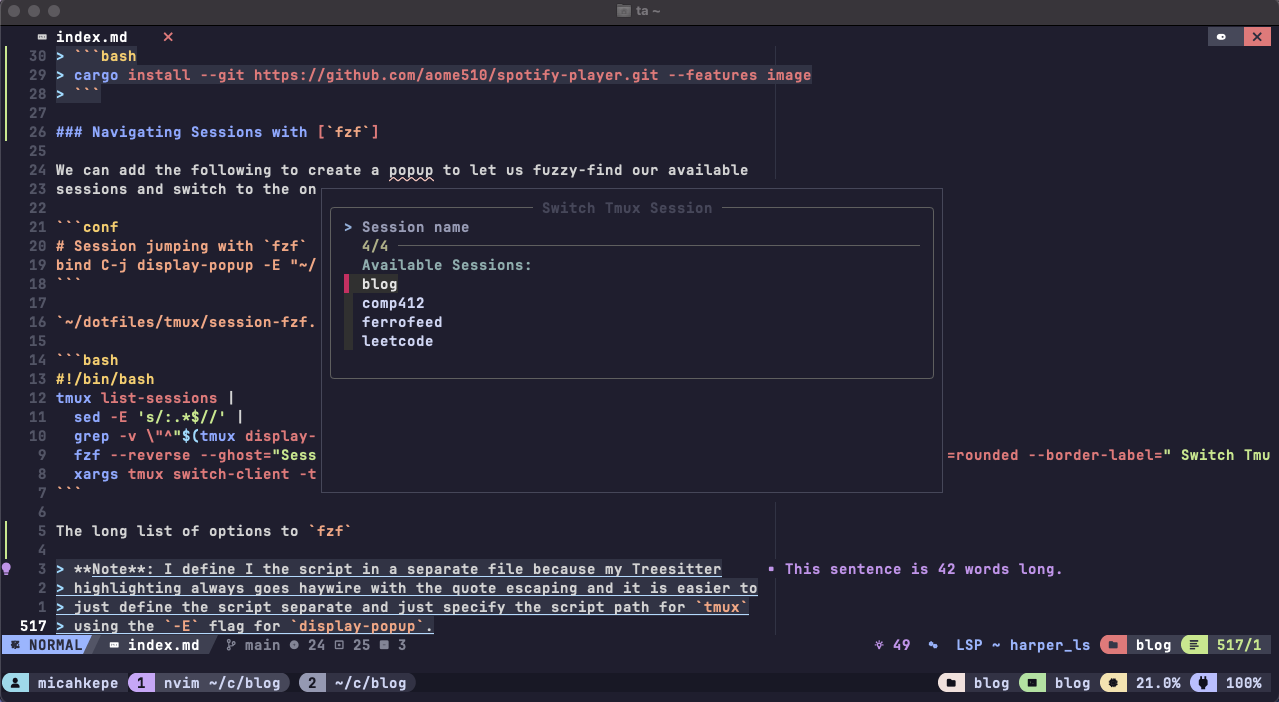 Using fzf to fuzzy-find sessions in a display